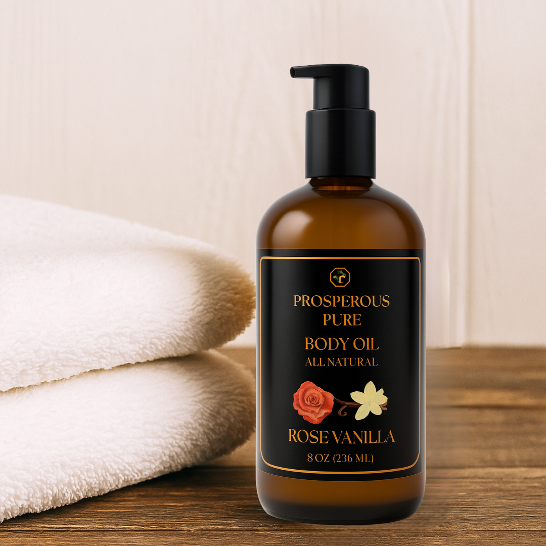 Bottle of Prosperous Pure Body Oil with a rose and vanilla design on a wooden surface with towels.