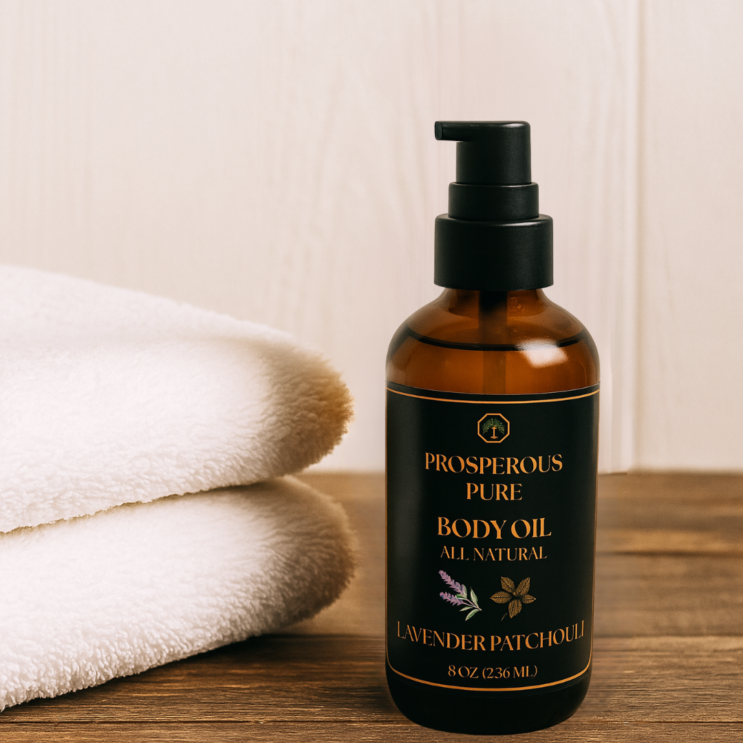 Bottle of Prosperous Pure Body Oil with a white towel on a wooden surface