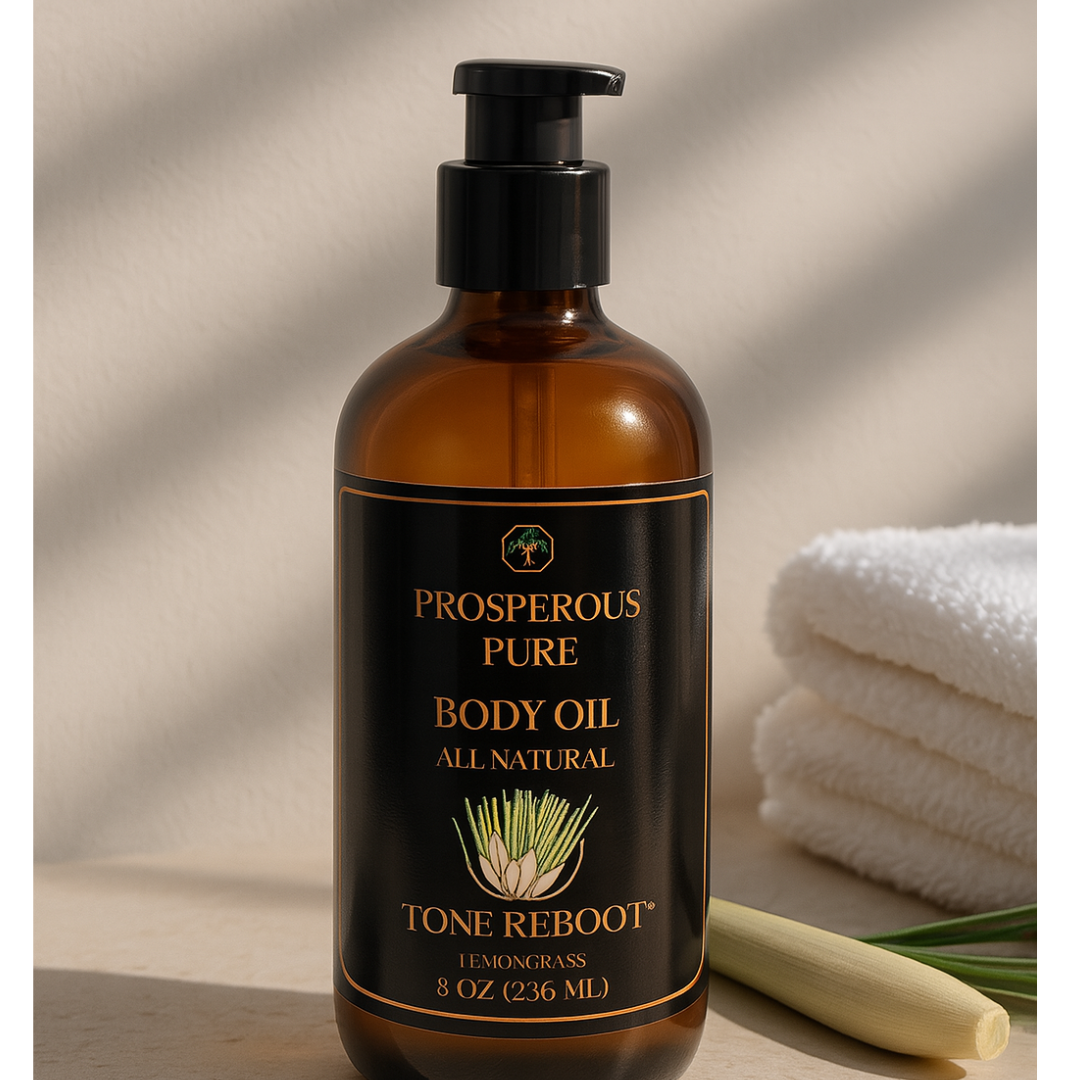 Bottle of Prosperous Pure Body Oil with a towel and lemongrass on a neutral background