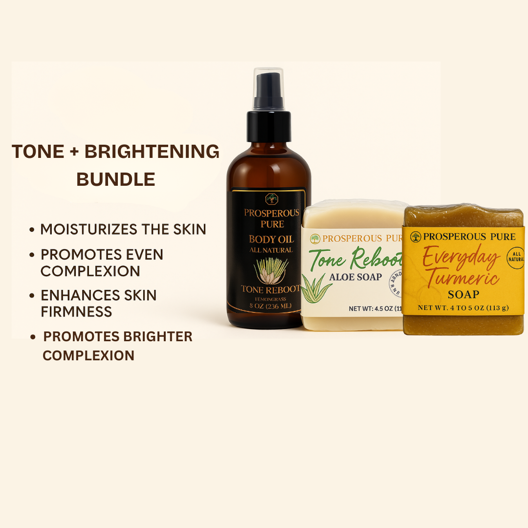 Tone + Brightening Bundle with body oil, aloe soap, and turmeric soap on a beige background