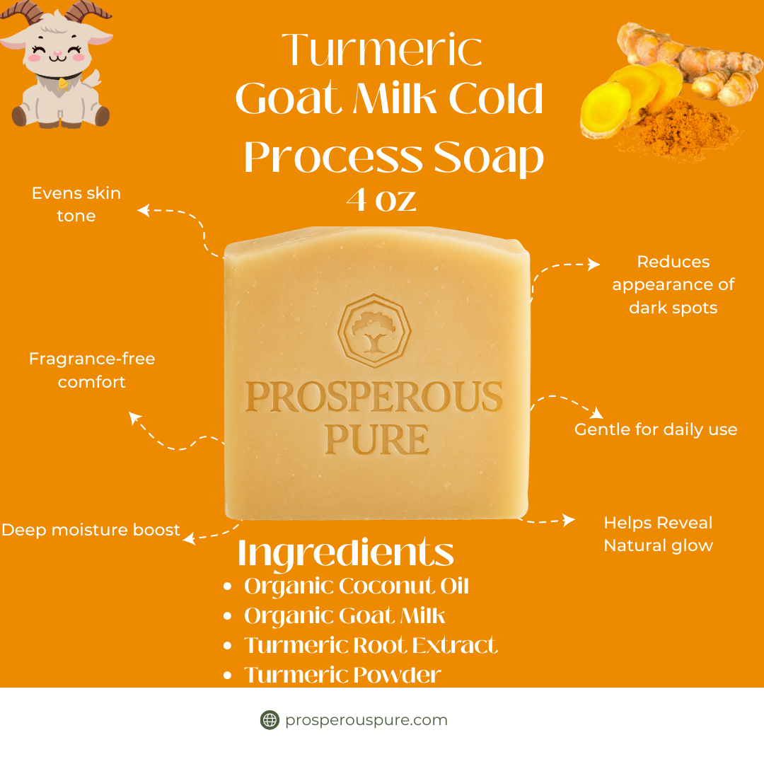 Bar of Prosperous Pure Turmeric Goat Milk Cold Process Soap on an orange background with product details and benefits.