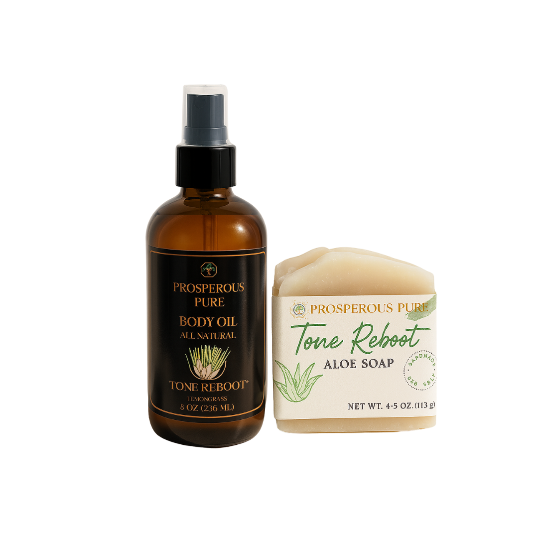 Bottle of Prosperous Pure Body Oil and a bar of Tone Reboot Aloe Soap on a white background