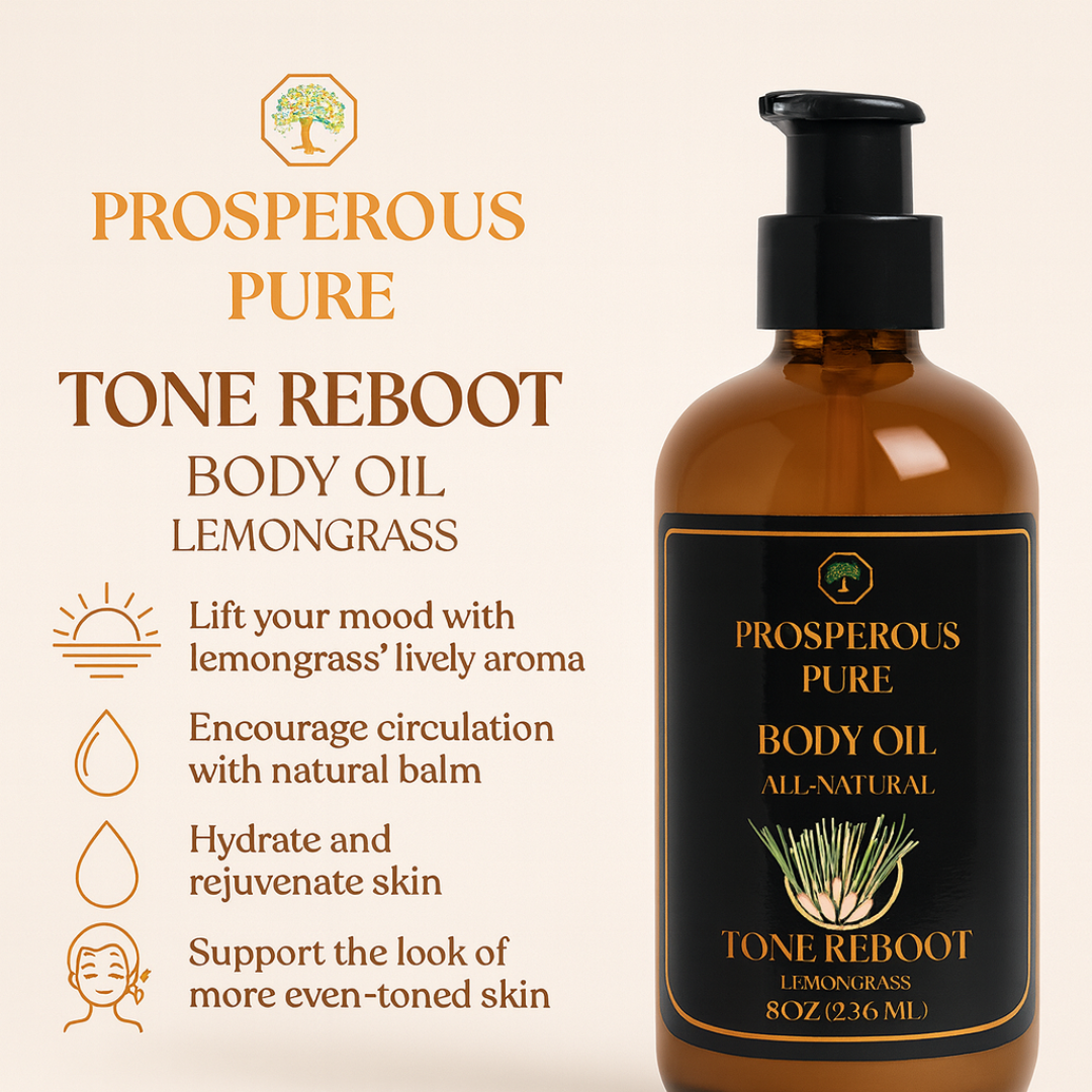 Brown bottle of Prosperous Pure Tone Reboot Body Oil with text on a beige background