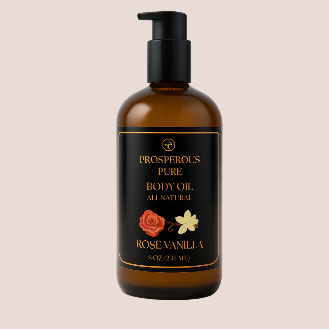 Bottle of Prosperous Pure Rose Vanilla Body Oil with a black label on a beige background