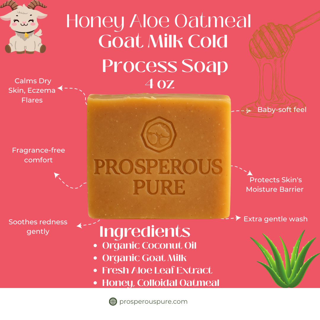 Honey Aloe Oatmeal Goat Milk Cold Process Soap bar with product details on a pink background