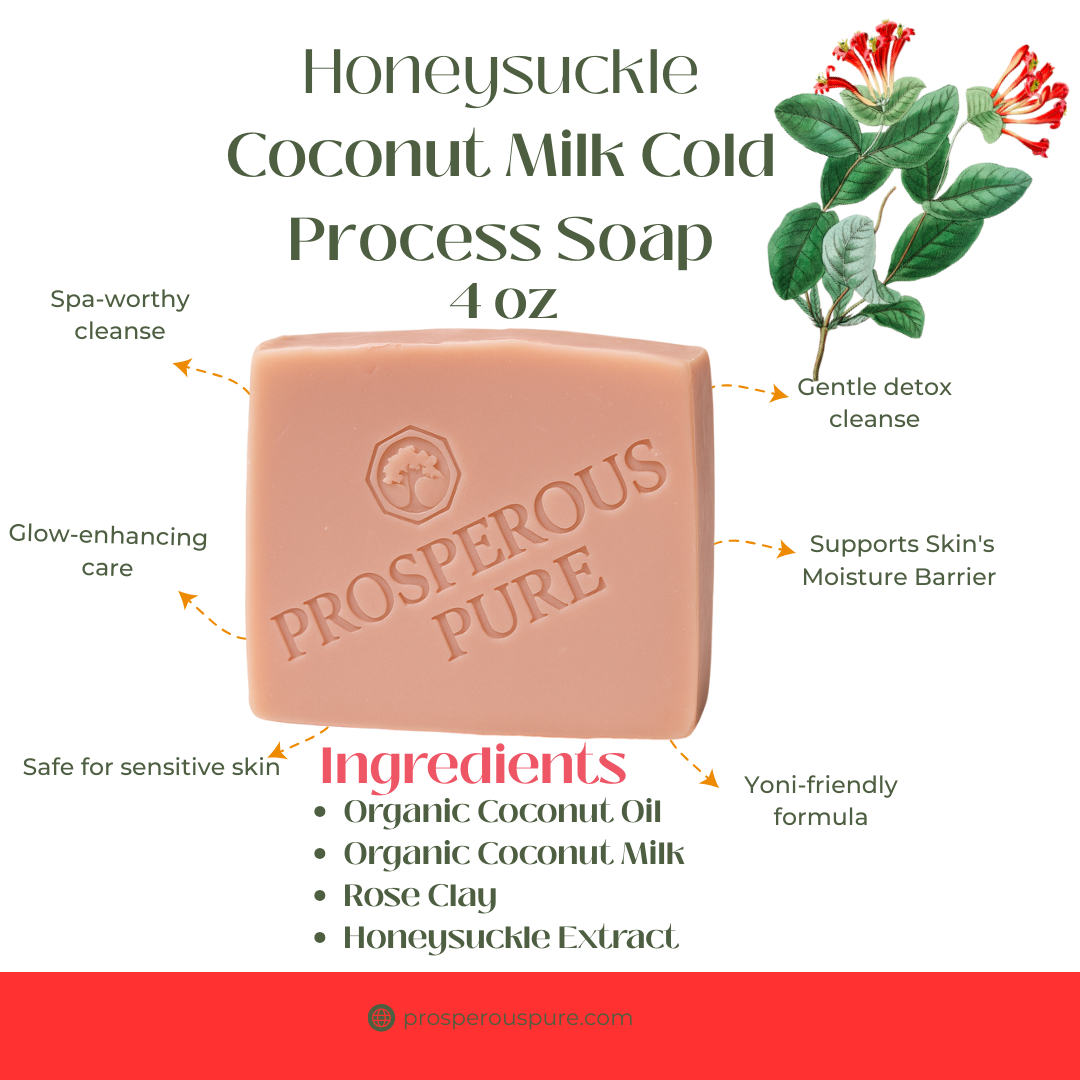 Bar of Honeysuckle Coconut Milk Cold Process Soap by Prosperous Pure with product details and botanical illustration.
