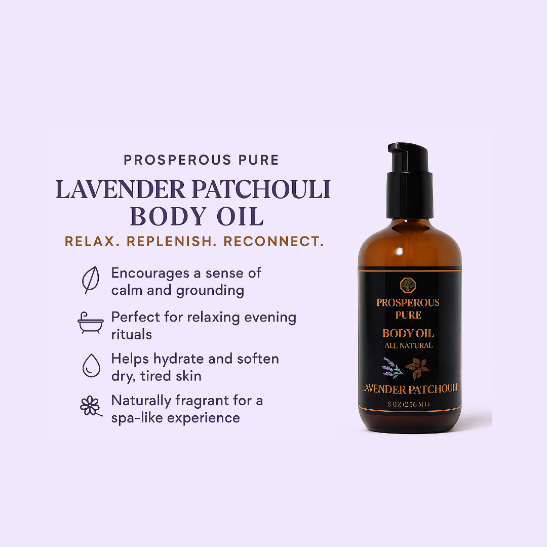 Bottle of Prosperous Pure Lavender Patchouli Body Oil on a light purple background with product details.