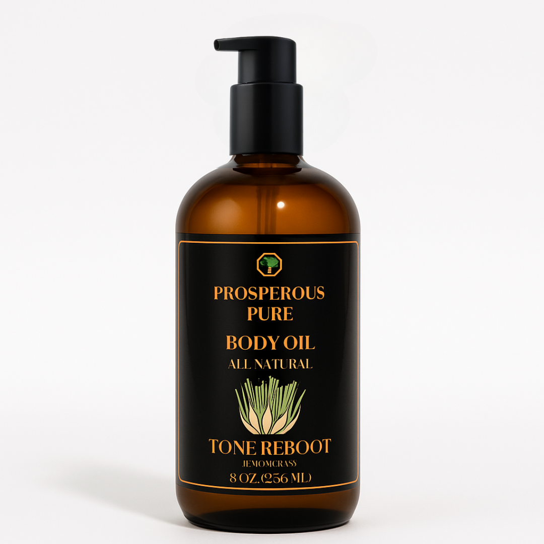 Bottle of Prosperous Pure Lemongrass Body Oil on a white background