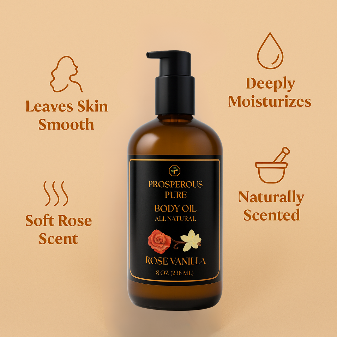 Rove Vanilla Body oil bottle with label on a beige background, featuring text about product benefits.